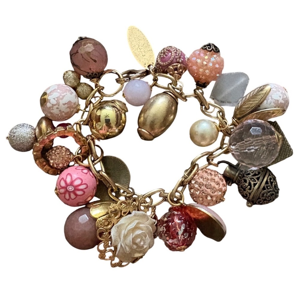 Lenora Dame Pink Gold Chunky Charm Bracelet‎ Rose Rhinestone Pearl Made in USA
